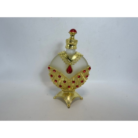 Unbranded Other - Vintage Style Gold Filigree Perfume Bottle Frosted Glass Red Rhinestones 5.25"‎